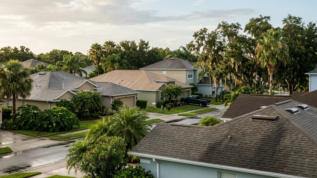 Sarasota neighborhood rooftops from above