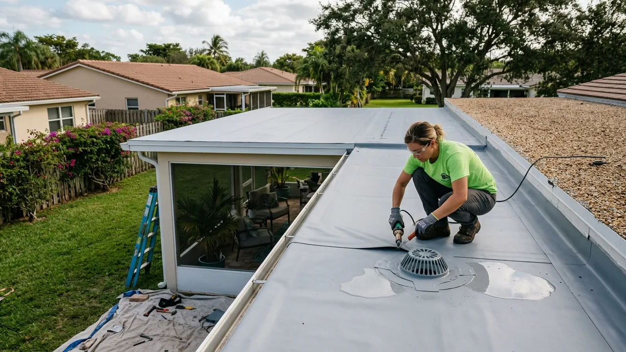 Flat roof membrane on a low-slope Sarasota addition
