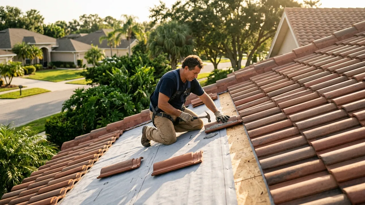Tile roof repair and re-bedding in Sarasota